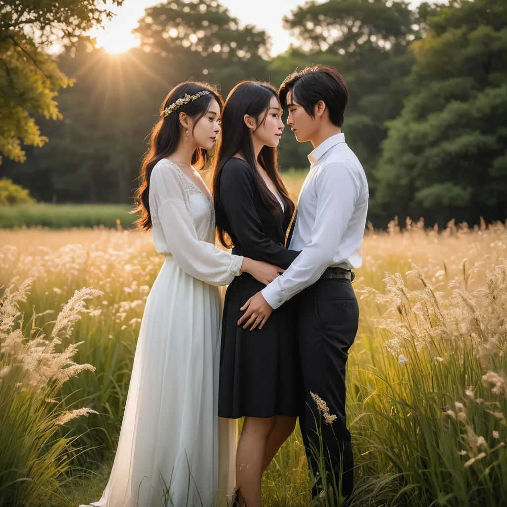 a couple of people standing in a field of grass with trees in the background and sun shining on them, neo-romanticism, a stock photo, An Zhengwen, movie still