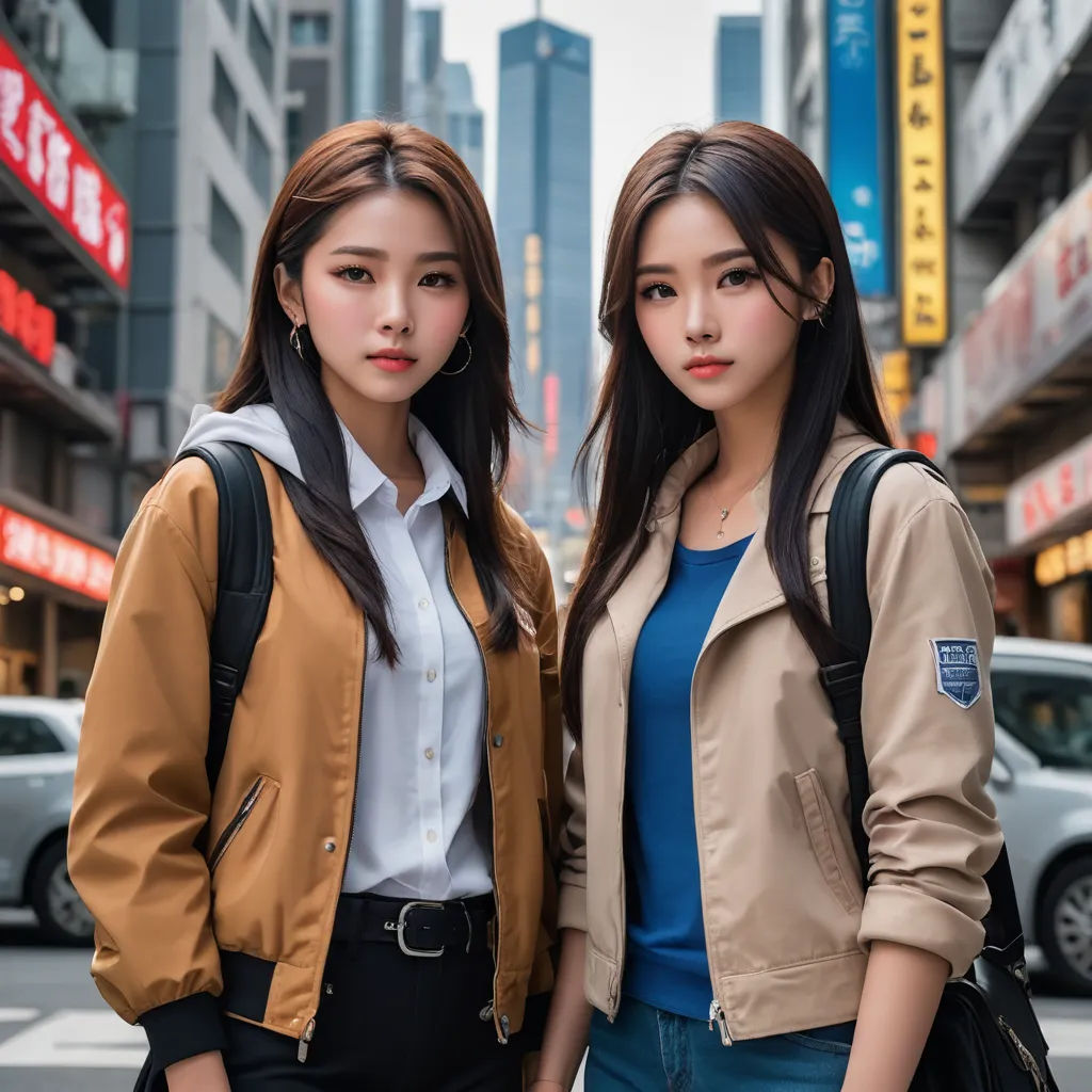 two asian women standing next to each other on a street corner in a city with tall buildings in the background, aestheticism, a stock photo, Fan Qi, symmetrical facial features