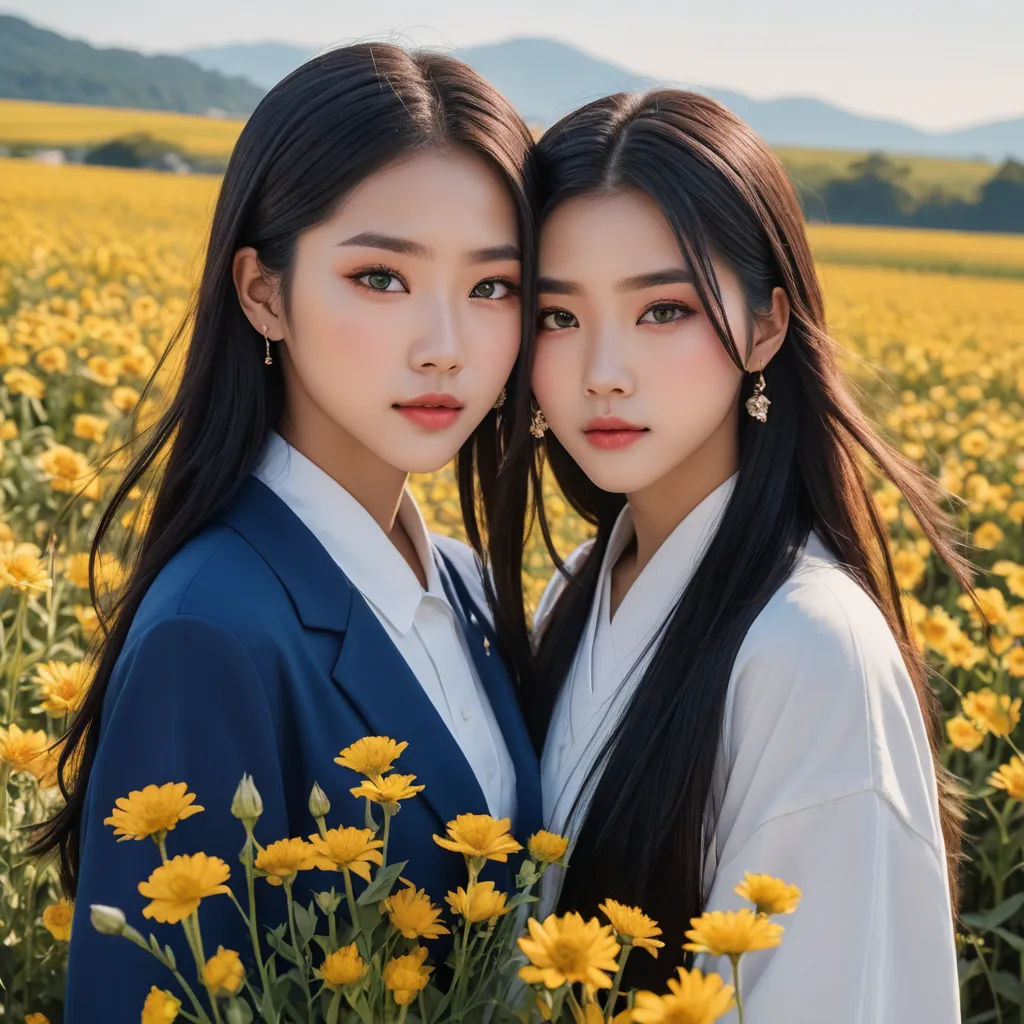 two asian women standing in a field of flowers with their arms around each other and looking at the camera, aestheticism, a photorealistic painting, Fan Qi, symmetrical facial features