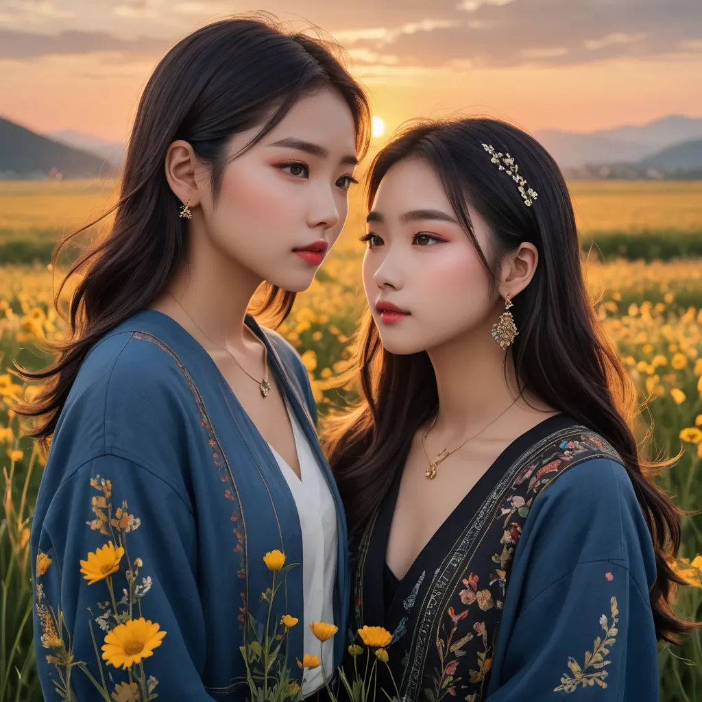 two asian women standing in a field of flowers at sunset with the sun setting behind them and the sky in the background, aestheticism, a photorealistic painting, Fan Qi, symmetrical facial features