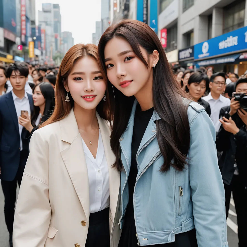 two women standing next to each other in a crowd of people on a street with buildings in the background, private press, a photocopy, Fan Qi, tall