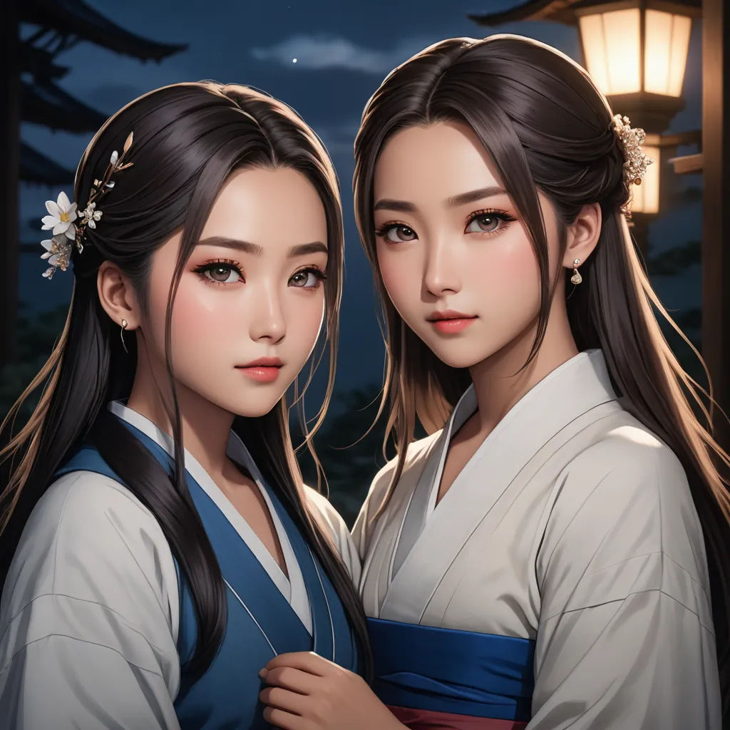 two asian women standing next to each other in front of a lantern at night with a full moon in the sky, fantasy art, a detailed painting, Artgerm, trending on art station