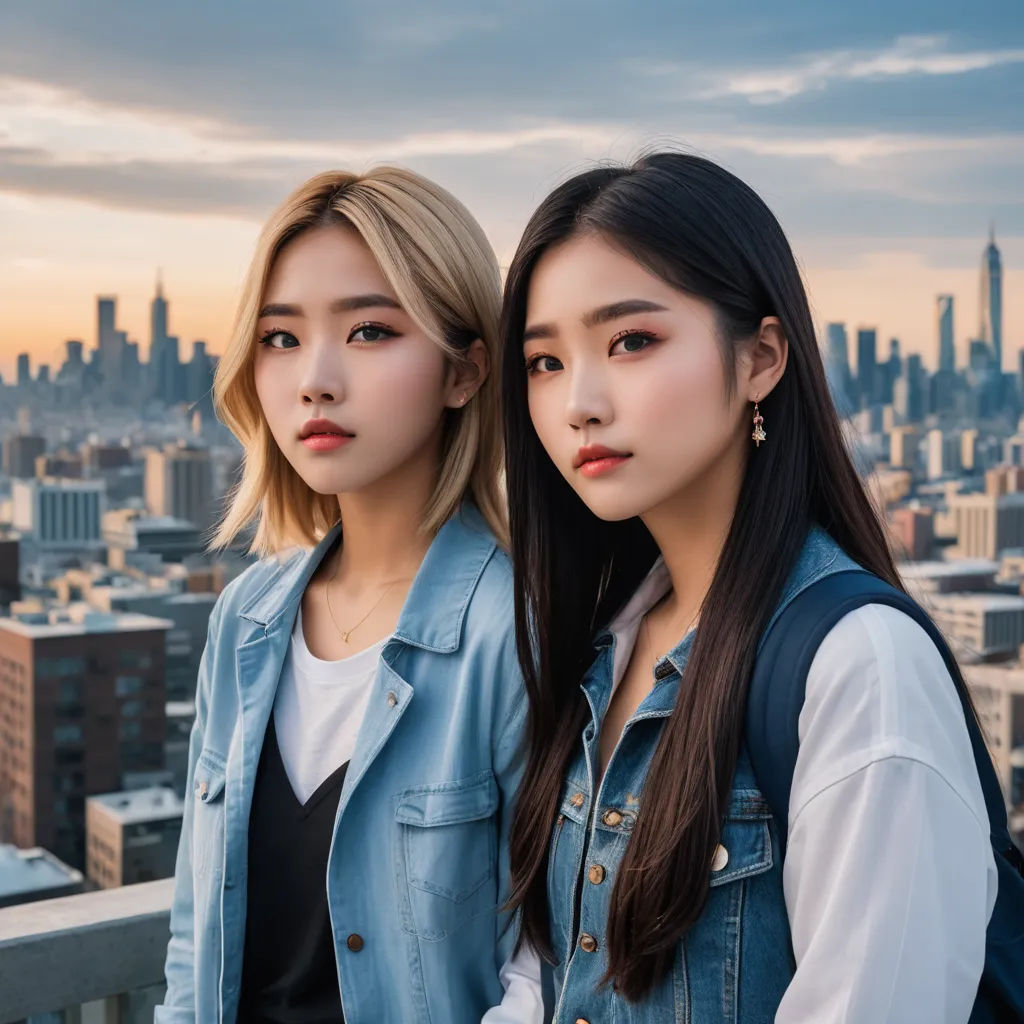 two asian women standing next to each other in front of a city skyline at sunset or dawn with a city skyline in the background, aestheticism, a photorealistic painting, Artgerm, city background