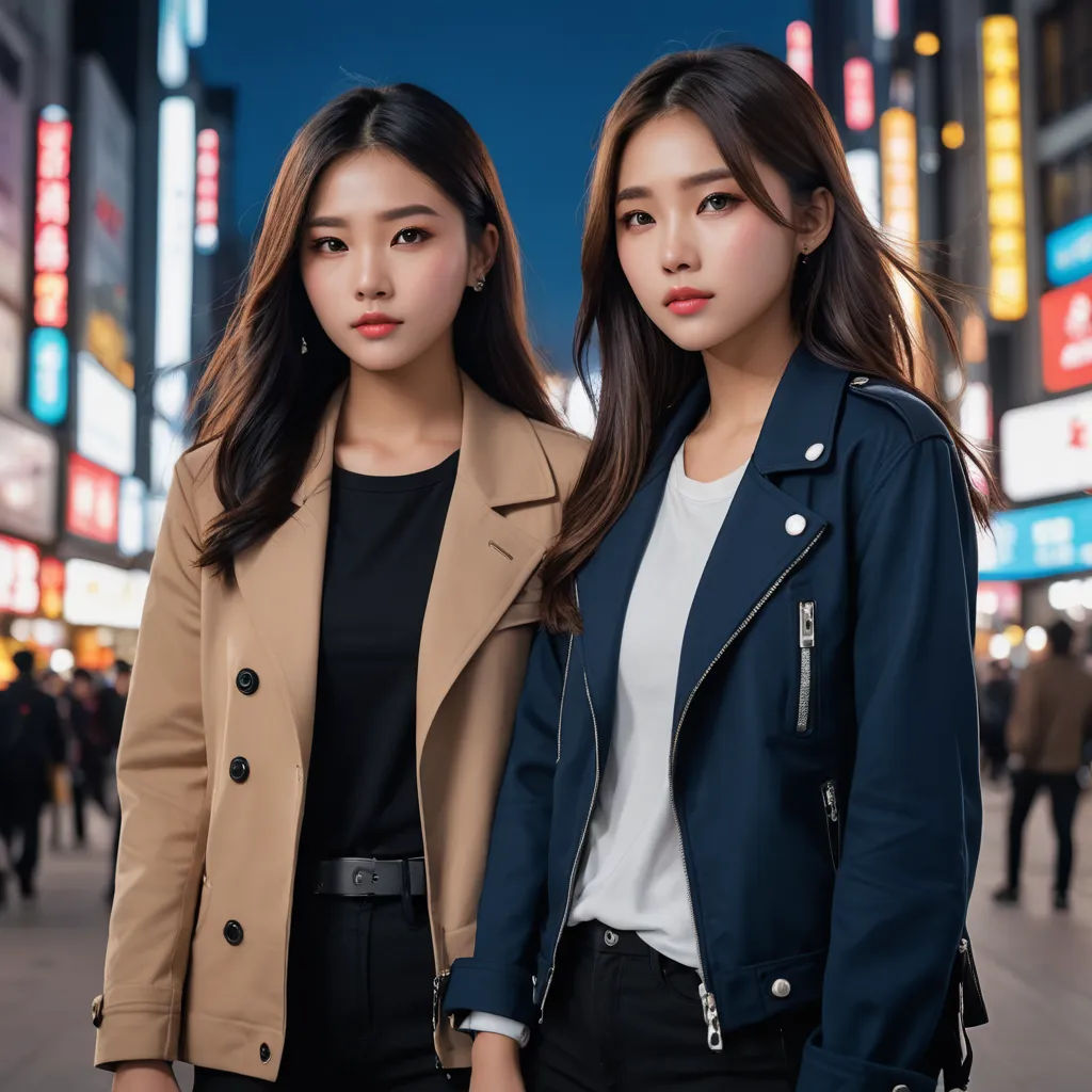 two asian women standing next to each other in a city at night time with neon signs in the background, rayonism, a stock photo, An Gyeon, symmetrical facial features
