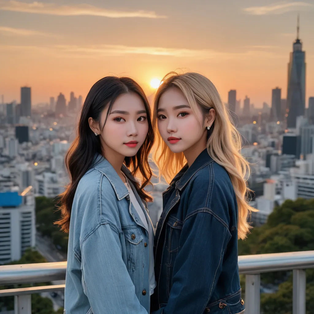two young women standing next to each other in front of a city skyline at sunset with the sun setting, rayonism, a stock photo, Fan Qi, sunset lighting