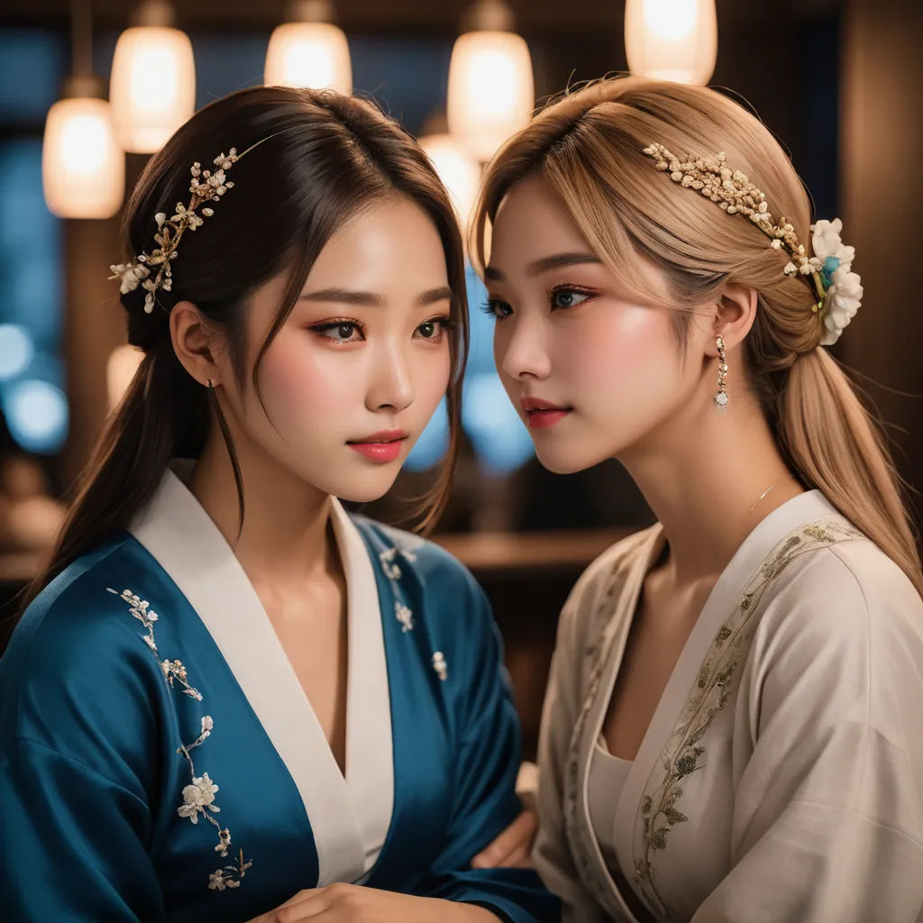 two asian women in traditional clothing posing for a picture together in a restaurant, one of them is wearing a flower in her hair, aestheticism, a photorealistic painting, An Gyeon, symmetrical facial features