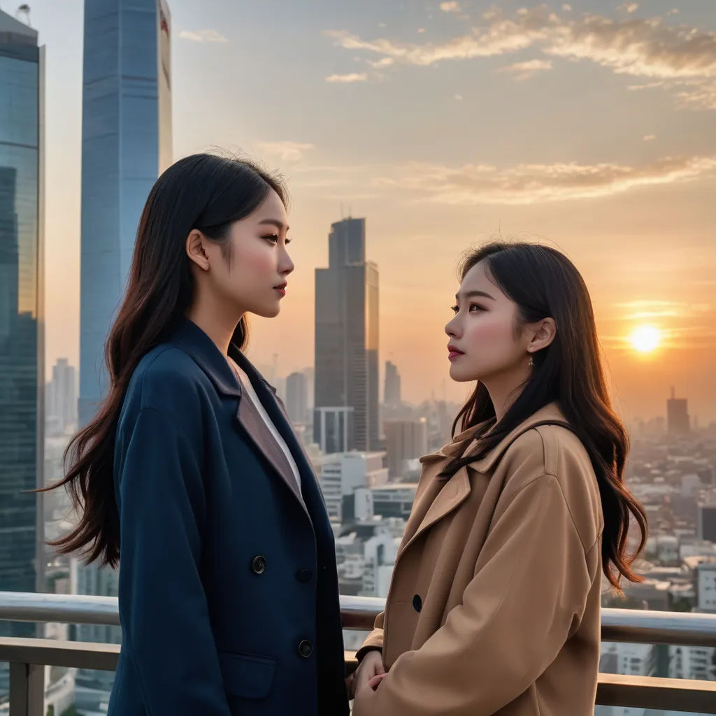two women standing next to each other in front of a city skyline at sunset or sunrise or sunset,, neoism, a stock photo, Cui Bai, affinity photo