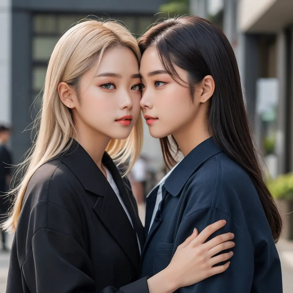 two young women standing next to each other in front of a building with a building in the background and a woman in the foreground, purism, a stock photo, An Gyeon, symmetrical facial features