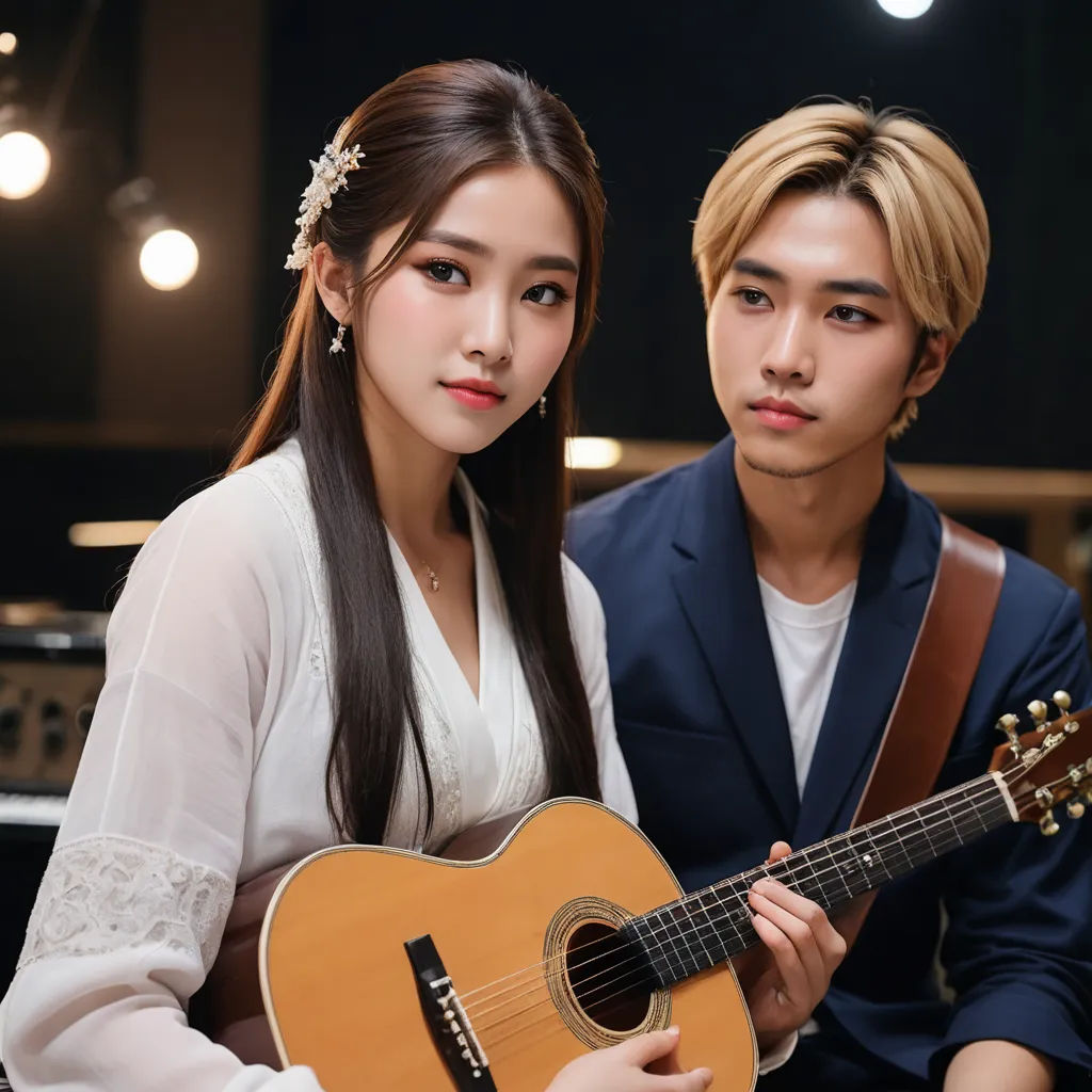 a man and a woman are holding a guitar together in a studio setting with lights on the ceiling behind them, aestheticism, a poster, Byeon Sang-byeok, promotional image