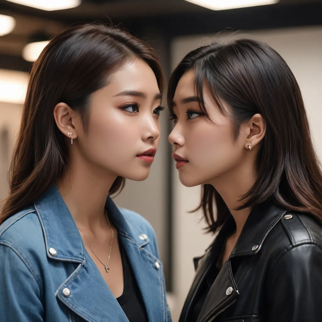 two asian women are standing close together and one is touching her face with her hand and the other is looking at her, synchromism, a stock photo, Fan Qi, eye contact