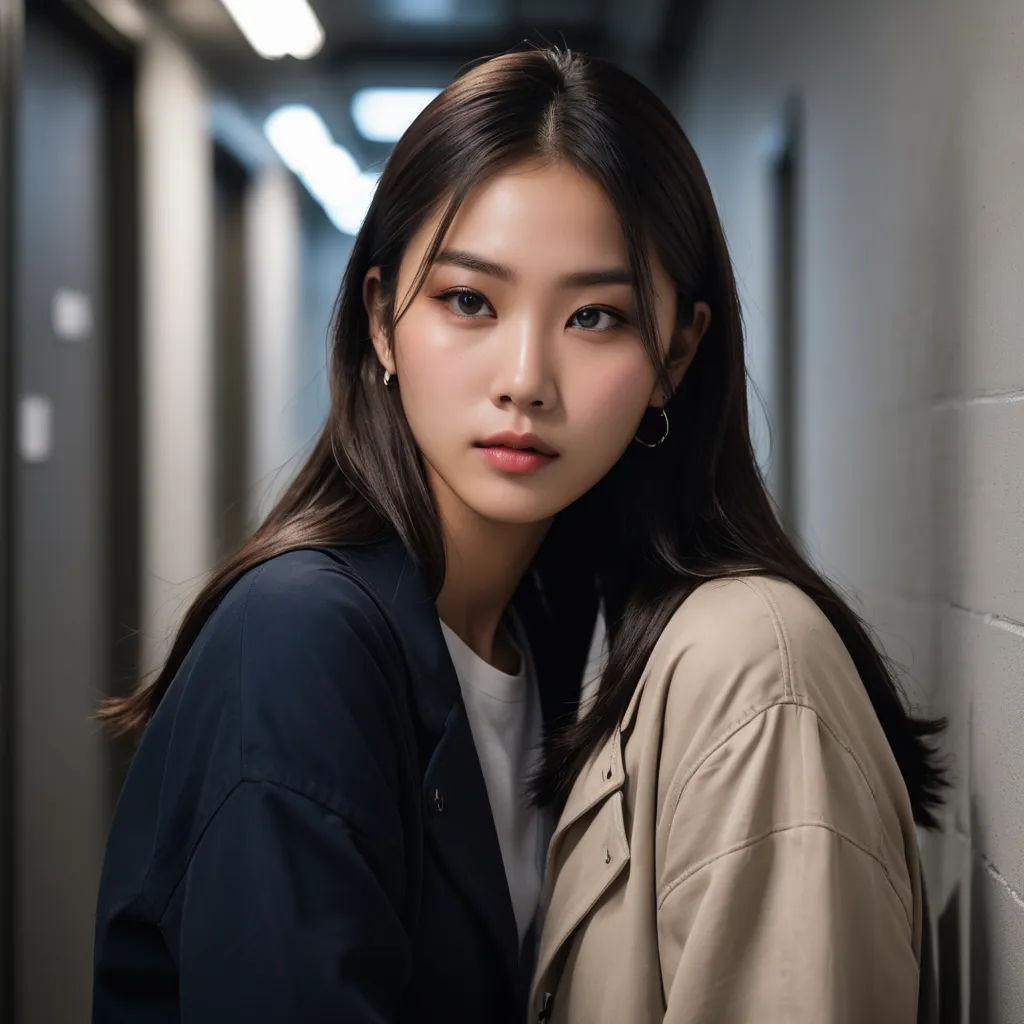 a woman leaning against a wall in a hallway with a coat on her shoulders and a black shirt on, aestheticism, a character portrait, Choi Buk, girl
