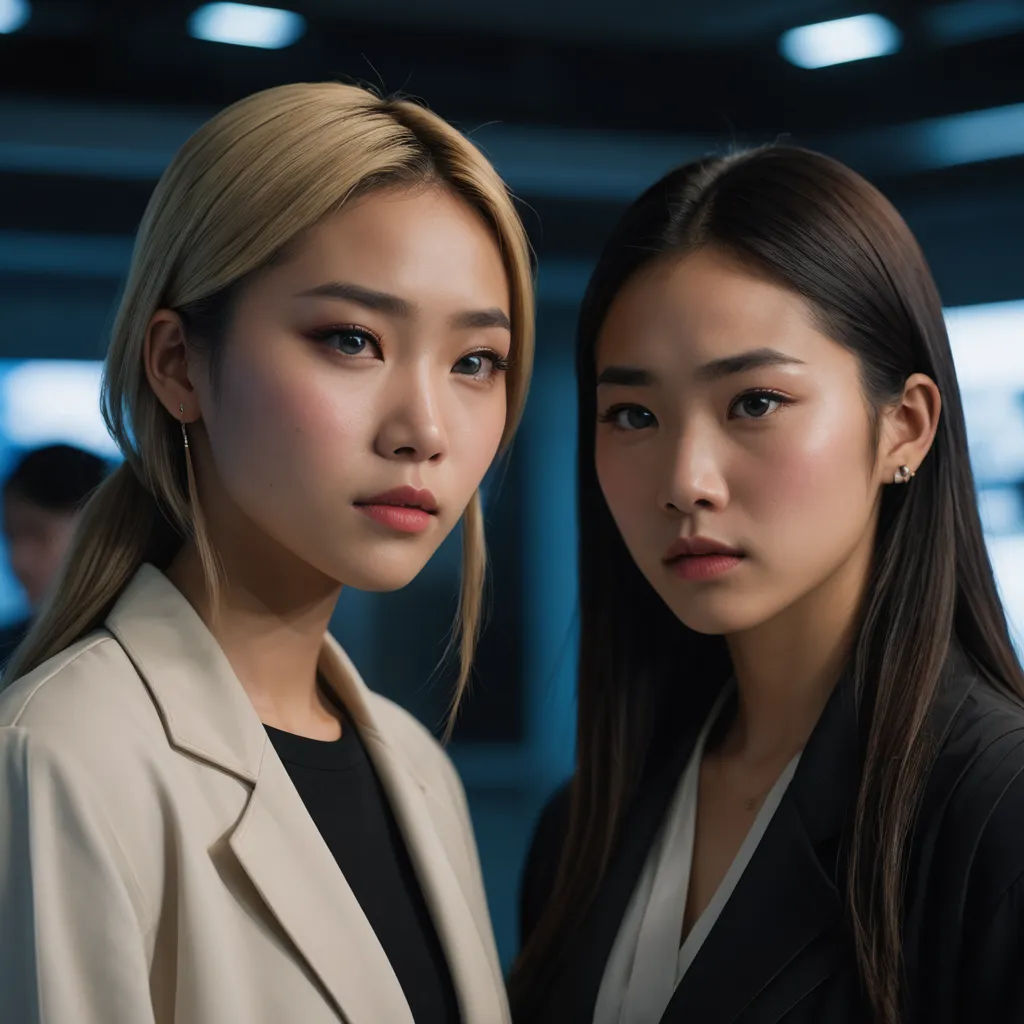 two women standing next to each other in a room with lights on the ceiling and a black background behind them, aestheticism, a stock photo, An Gyeon, movie still