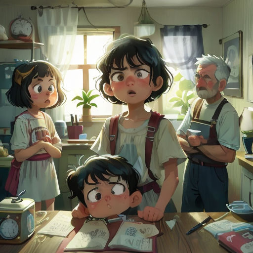 a group of children standing around a table with books and a clock in the background, with a man looking at the girl