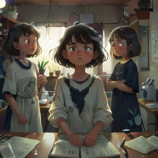 three girls stand in a kitchen with books and plants in front of them, and one girl is holding a plant
