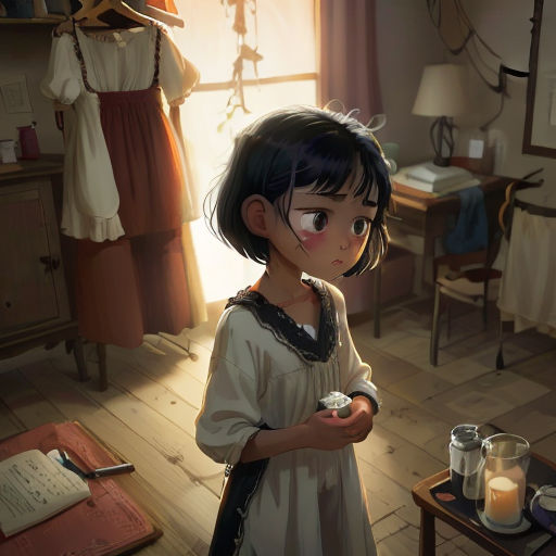 a girl holding a cup of coffee in a room with a window and a table with a lamp on it