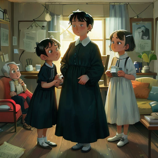 a painting of three children standing in a living room with a woman holding a book and a child looking at a book