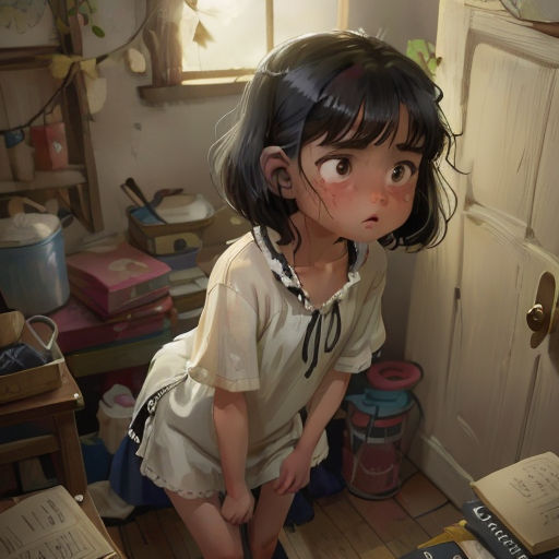 a young girl standing in a room with books on the floor and a door open to a room with a bookcase and a door