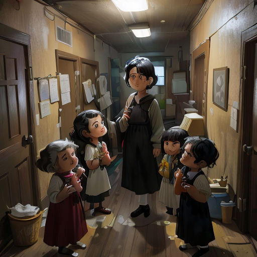 a group of children standing in a hallway next to a woman in a black dress and a man in a white shirt