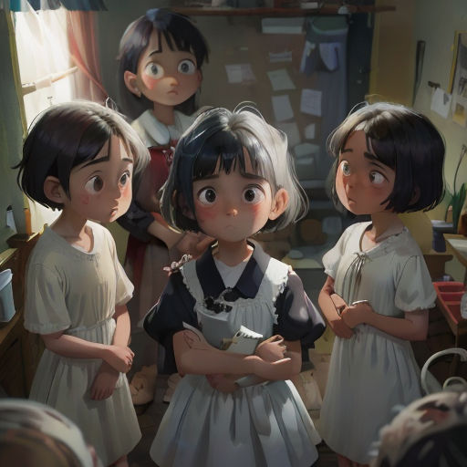 a group of children standing in a room with their arms crossed and looking at something in the distance with a woman standing behind them