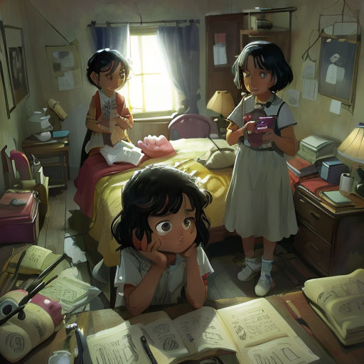 a group of children standing around a bed in a bedroom next to a window with a book on it