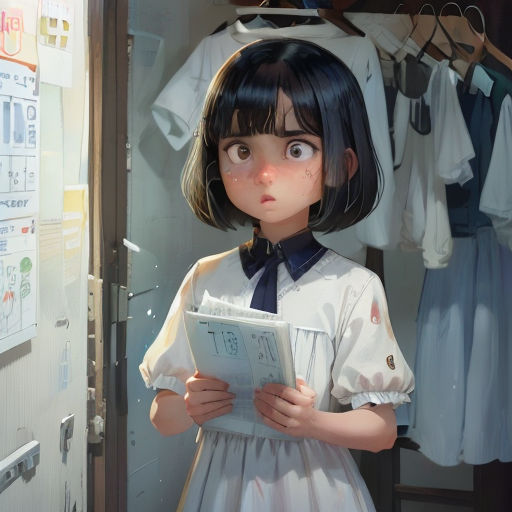 a girl in a white dress is reading a book in a closet with clothes hanging on the wall and a rack of shirts