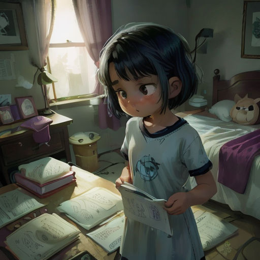 a little girl standing in a bedroom reading a book with a stuffed animal on the bed behind her and a window