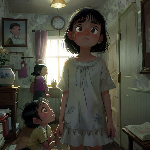 a girl and a boy are standing in a room with a clock on the wall and a window in the background