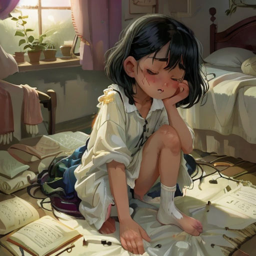 a girl sitting on the floor with her head on her hand and reading books in front of her face