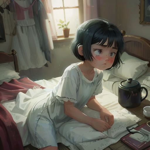 a girl sitting on a bed with a book and a cup of coffee in front of her on the floor