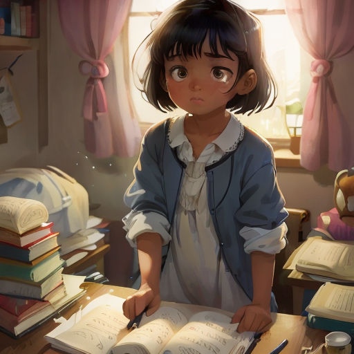 a girl is sitting at a desk with a book and a pen in her hand and a stack of books in front of her