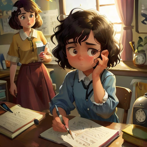 a girl sitting at a desk with a book and pen in her hand and another girl standing behind her