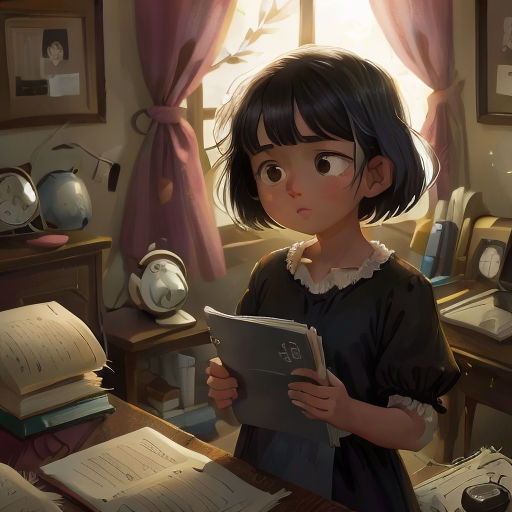 a girl reading a book in a room with a window and a clock on the wall behind her and a desk with a clock on it