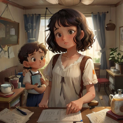 a woman and a boy are standing in a room with books and papers on the table and a window