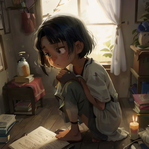 a girl sitting on the floor reading a book with a candle in front of her and a window behind her