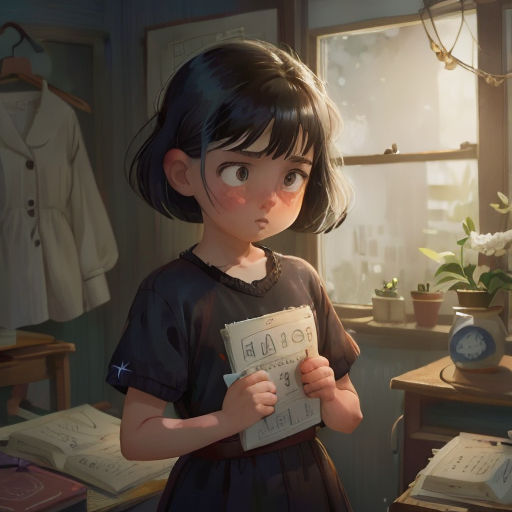 a young girl holding a book in a room with a window and a clock on the wall behind her