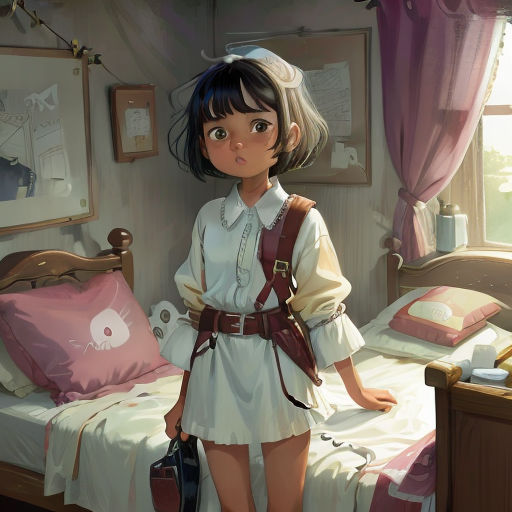 a girl in a white dress standing in a bedroom with a bed and a pink pillow on the floor
