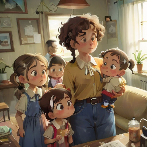 a woman holding a child in her arms while standing next to a group of children in a living room