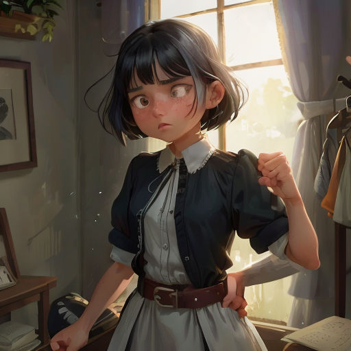 a girl in a dress standing in front of a window with a hand on her hip and a hand on her hip