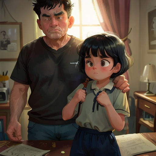 a man and a little girl standing in front of a desk with papers on it and a man holding a child