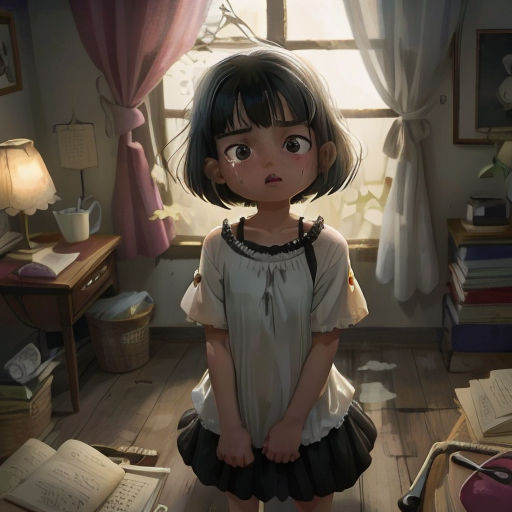 a girl standing in a room with a window and a book on the floor next to a lamp and a window