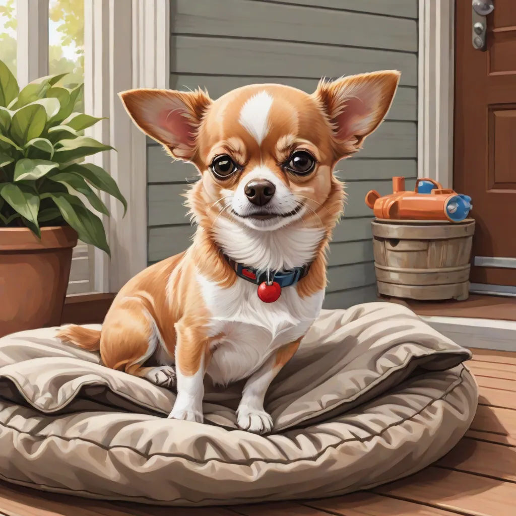 a painting of a dog sitting on a pillow on a porch with a potted plant in the background, Chris LaBrooy, photorealism, a storybook illustration, highly detailed digital painting