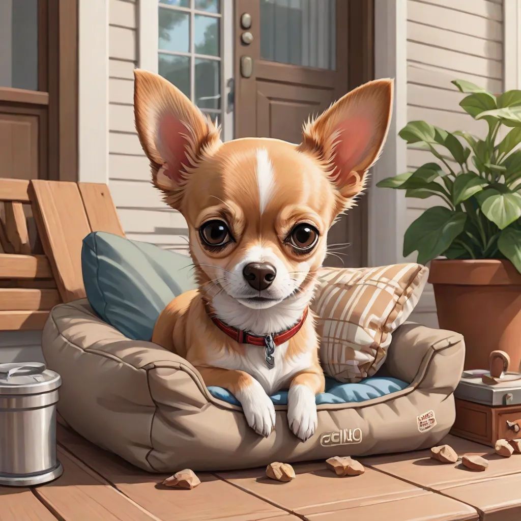 a small dog sitting on a dog bed on a porch with a plant and a cup of coffee in front of it, F Scott Hess, hyperrealism, a detailed painting, highly detailed digital painting