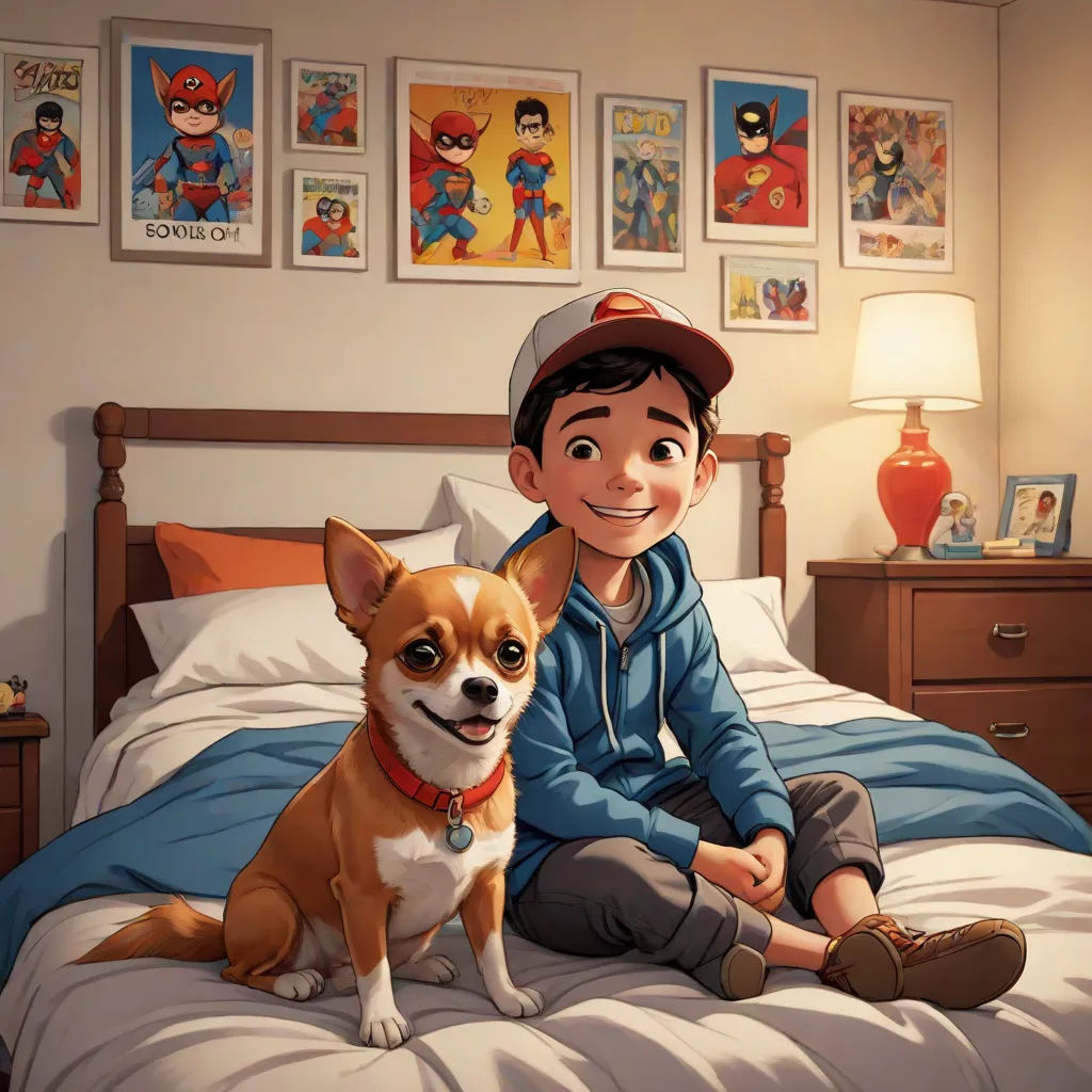a boy and his dog are sitting on a bed in a bedroom with comic posters on the wall behind them, Chris LaBrooy, photorealism, a comic book panel, comic cover art