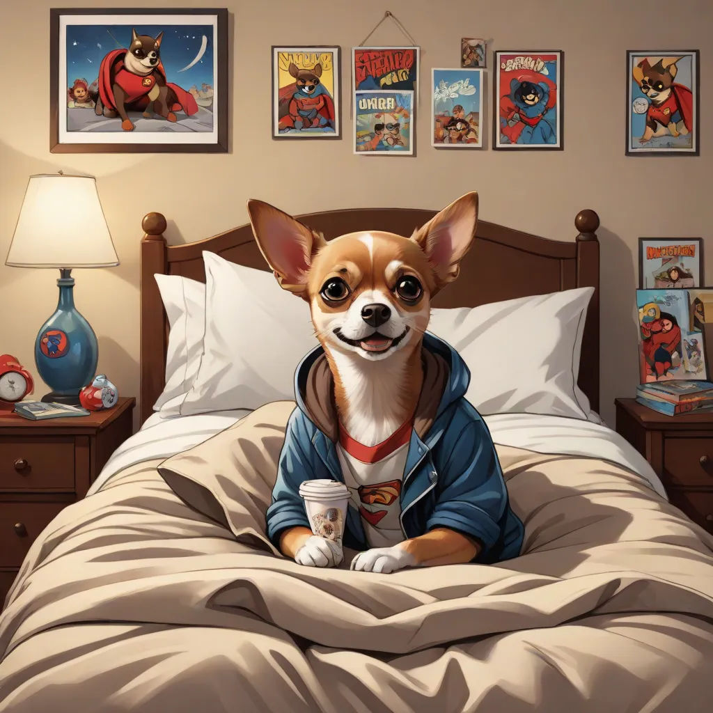 a dog sitting on a bed with a cup of coffee in his hand and a picture of a hero on the wall, Chris LaBrooy, furry art, a comic book panel, comic cover art