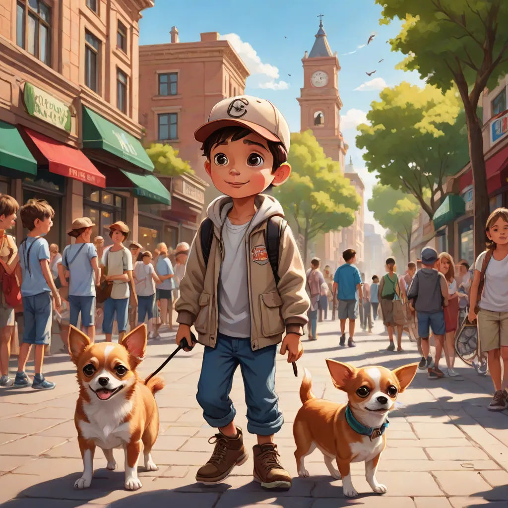 a boy walking two dogs down a street in front of a crowd of people and buildings with a clock tower in the background, Clint Cearley, photorealism, a storybook illustration, official art