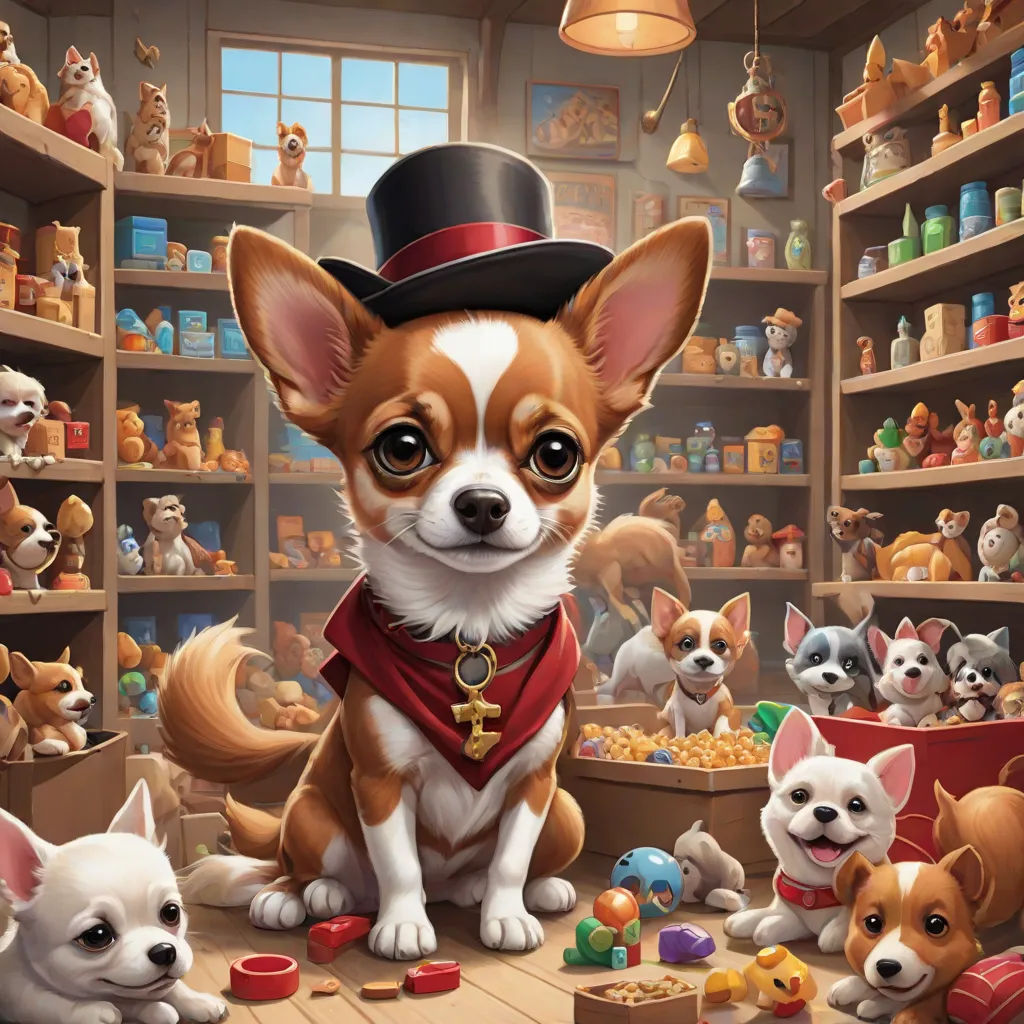 a painting of a dog in a hat surrounded by other dogs in a toy store with toys and toys, David Teniers III, furry art, a storybook illustration, highly detailed digital art