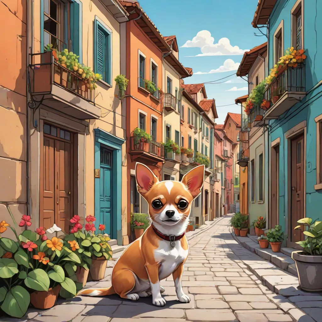 a small dog sitting on a cobblestone street in front of a row of buildings with flowers in the foreground, Chris LaBrooy, photorealism, a storybook illustration, official art