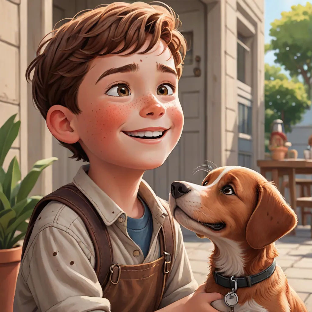a boy and a dog are sitting on a porch together, smiling and looking at each other with a house in the background, Aaron Jasinski, photorealism, a storybook illustration, official art