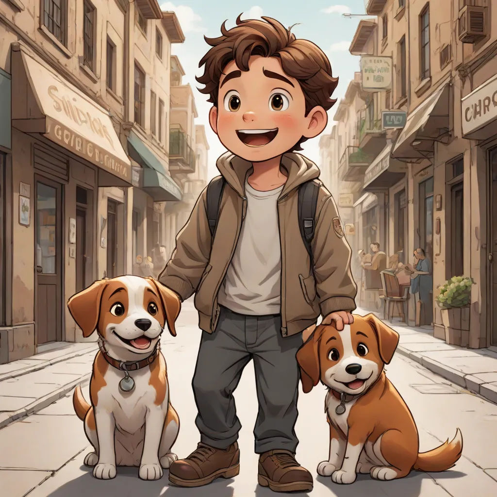 a boy standing next to two dogs on a street with buildings in the background and a sky background with clouds, Diego Gisbert Llorens, furry art, a comic book panel, official art