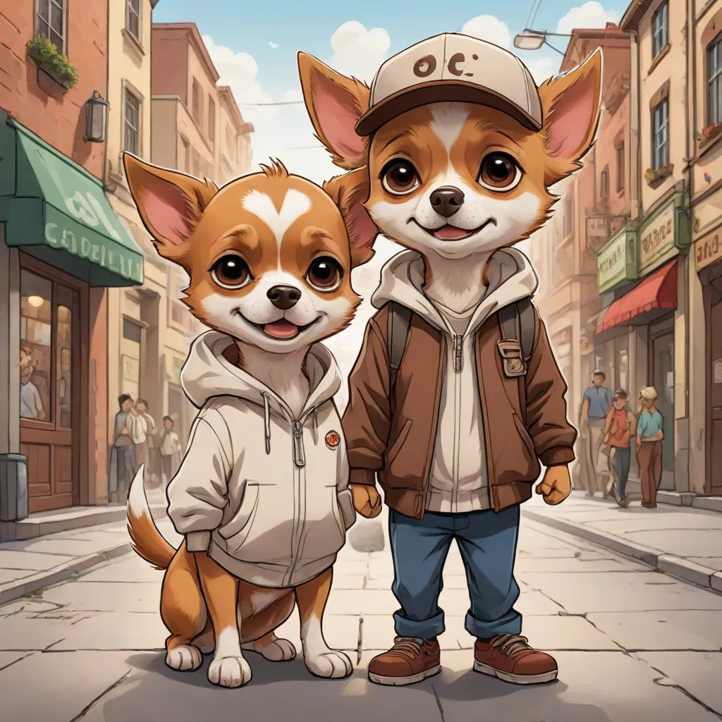 a couple of dogs standing next to each other on a street near buildings and people in the background with a dog wearing a hat, Altichiero, furry art, a comic book panel, official art